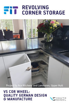 a kitchen with white cabinets and black counter tops has the words revolving corner storage on it