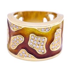 Women's Ring in Yellow Gold and Fire Enamel with 50 Brilliant Cut Diamonds with a total weight of 0.44 cts. in H/VS quality Size 14 (One Size) 18kt Yellow Gold 16.70 grams. 15.60 mm wide Brand new product, N102892 Yellow Rings, Enamel Ring, Gold Enamel, Silver Diamonds, Brilliant Cut Diamond, Yellow Gold Rings, Fashion Rings, Women Rings, Solid Gold