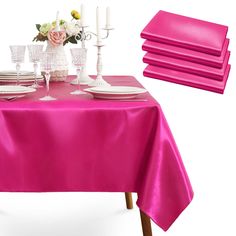 pink table cloths and place settings with flowers in vases on the top one