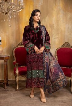 Red Unstitched Wedding Suit With Digital Print, Festive Purple Lawn Suit With Digital Print, Red Digital Print Unstitched Wedding Suit, Traditional Winter Unstitched Suit With Printed Motifs, Formal Red Lawn Suit With Printed Motifs, Red Formal Lawn Suit With Printed Motifs, Red Lawn Suit With Printed Motifs For Formal Occasions, Winter Unstitched Suit With Printed Motifs, Red Printed Lawn Suit For Wedding