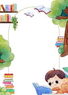 a boy reading in front of a tree with bookshelves and a birdhouse