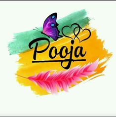 the word poja written in cursive writing with a butterfly on top