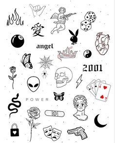 an assortment of tattoos and symbols on a white background with the words angel, power, love