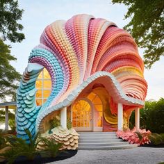 a house made out of seashells in the shape of a fish's tail