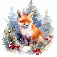 a watercolor painting of a fox sitting in the snow surrounded by pine cones and berries