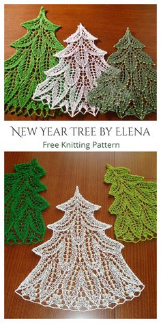 three crocheted christmas trees on a table with the words, new year tree by ellen