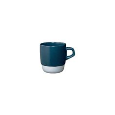 a blue and white coffee cup on a white background