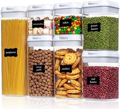 an assortment of cereals, pasta and other foods in plastic containers with labels on them