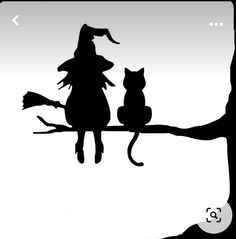 a black and white silhouette of a witch sitting on a branch with her cat