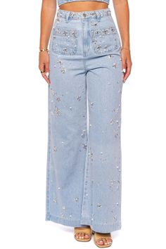 Cut in a wide-leg silhouette, these mid-rise jeans are hand embroidered with intricately beaded faux pearl and crystal detailing. Belt loops Five-pocket style Zip fly, button closure 100% cotton Dry clean only Denim Romper, Mid Rise Jeans, Jeans For Sale, Hand Beading, Wide Leg Jeans, Jean Jacket, Leg Jeans, Hand Embroidered, Faux Pearl