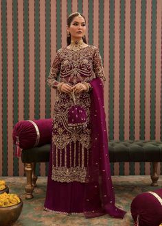 Regal Plum Embroidered Pakistani Wedding Dress Kameez Trousers is a beautiful piece of art. The elaborate embellishments on the shirt, sleeves, and dupatta. Semi-stitched Salwar Kameez With Dupatta For Reception, Sharara With Intricate Embroidery For Reception, Georgette Chandbali Dupatta With Intricate Embroidery, Semi-stitched Resham Embroidery Churidar For Reception, Semi-stitched Churidar With Zari Work For Reception, Semi-stitched Churidar With Resham Embroidery For Reception, Eid Chandbali Dupatta With Intricate Embroidery, Embroidered Dola Silk Churidar For Reception, Intricate Embroidered Long Sleeve Churidar In Chinon