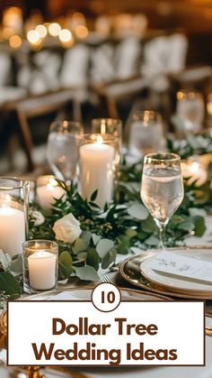 Elegant Dollar Tree wedding table setup with gold chargers, glassware, greenery, white roses, and candles, creating a sophisticated and budget-friendly look. Tree For Wedding Ceremony, Grooms Table Decorations, Spring Backyard Wedding Ideas, Diy Banquet Decorations, Cheap Rustic Wedding Decor, Artificial Wedding Centerpieces, Remember Table At Wedding, Dollar Store Wedding Decor, Wedding Tables Candles Only