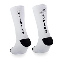 Stand out from the crowd with these unique and stylish socks, a fashionable way to express your faith and show support for Jesus. Crafted with 95% Polyester and 5% Spandex, they provide superior comfort and a snug, secure fit that will last all day. The ribbed tube and cushioned bottoms provide an exceptional amount of support, giving you the freedom to move and express yourself in style. With three different sizes available, you can easily find a pair that's perfect for you. Let your faith be seen with these amazing socks - walking with Jesus never looked so good! .: 95% Polyester, 5% Spandex .: 3 different sizes .: Ribbed tube .: Cushioned bottoms Walking With Jesus, Stylish Socks, Designer Socks, Christian Clothing, Clothing Ideas, Socks And Hosiery, Christian Gifts, Hosiery, Walking