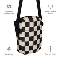 It's a Retro Revival! This bag is sturdy, stylish, and ready to go wherever you do. With adjustable straps and two spacious pockets, it’s the ultimate accessory for hiking, festivals, and everyday use. Featuring an all-over print of a retro black and cream checkerboard pattern, this crossbody bag adds a bold and timeless twist to any outfit. Perfect for a 90s-inspired back-to-school look, it's both functional and fashionable. Key Features: 100% polyester Fabric weight: 9.91 oz./yd.² (336 g/m²) B Black Bags With Adjustable Straps For Outdoor Activities, Black Shoulder Bag With Adjustable Straps For Outdoor, Retro Black Bag With Pockets, Retro Rectangular Bags For Outdoor Activities, Retro Outdoor Bags With Adjustable Strap, Retro Bags With Adjustable Strap, Retro Outdoor Bag With Adjustable Strap, Goth Dark Academia, Retro Revival