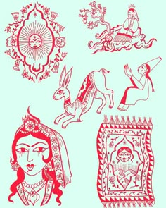 Red Illustration Art, Tattoos Animals, South Asian Tattoo Design, Illustrative Animal Tattoo, Indian Folk Art Tattoo, Art Piece Tattoo, Traditional Illustration Indian, South Indian Tattoo, Tattoo Poster