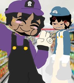 two cartoon characters standing next to each other in a grocery store aisle, one pointing at the camera