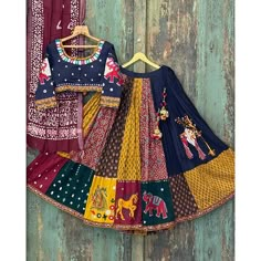 Multicolor cotton print and mirror work gujarati garba navratri lehenga chaniya choli Garba Dresses, Gujarati Chaniya Choli, Gujarati Garba, Garba Chaniya Choli, Navaratri Chaniya Choli, Dandiya Dress, Lehenga For Girls, Garba Outfit, Navratri Lehenga