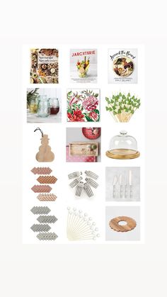 a collage of different items including vases, flowers and other decorative items on a white background