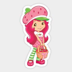 a sticker with a girl holding a basket and strawberry on it's head