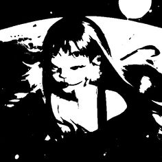 a black and white drawing of a girl in space with an object behind her head