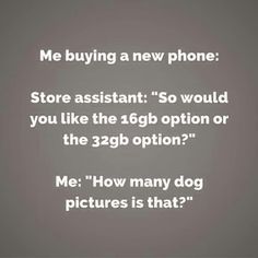 the text reads, me buying a new phone store assistant so would you like the 6gb option or the 32gb option? me how many dog pictures is that?