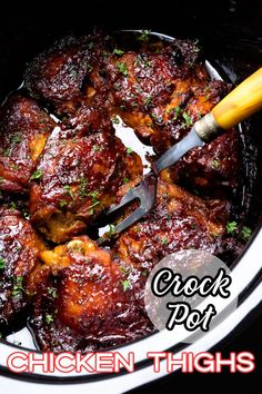 the crock pot is filled with chicken thighs