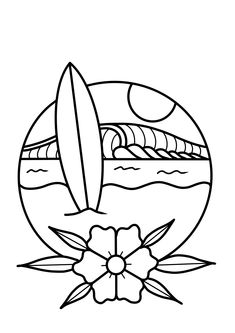 a black and white drawing of a surfboard in a bowl with flowers on the side