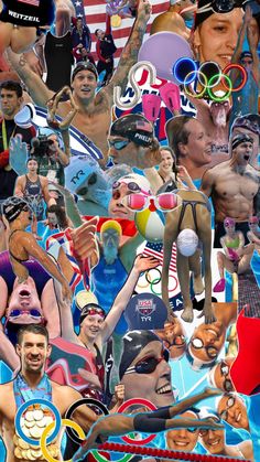 a collage of many different people in swim suits and swimming trunks, with the olympic symbols on them