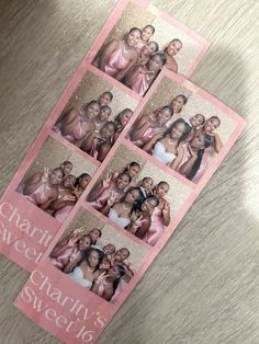 four pink and gold photo booth cards with the words charity's sweet sixteen