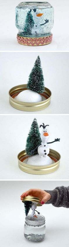 three different views of a snowman made out of tinsel and gold rims