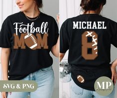 two pictures of a woman wearing football mom shirts and one with the number 8 on it