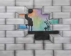 a drawing of trees on a brick wall with an opening in the middle to reveal another tree