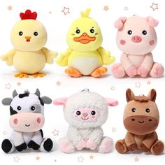 several stuffed animals are shown in different colors and sizes, including one with a chicken