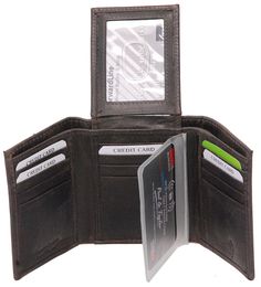 Vintage men's black leather RFID wallet with flip-up center ID window in premium cowhide. The RFID protection will prevent anyone from stealing your credit card and ID information by simply rubbing against your pocket. A men's vintage gray/black RFID trifold wallet with 11 card slots, 2 ID windows, 2 bill compartments, and a multi-page photo insert all to keep your photos, credit card, business cards and cash organized. A long lasting men's black leather trifold wallet with more pockets than items you might find to put in them. [1#] RFID protection 11 card slots 2 money compartments 2 ID windows in center flap multi-page photo insert top grain leather premium cowhide leather IMPORTANT SPECIFICATIONS: MANUFACTURER: This quality product is a Jamin Leather® brand or other reputable brand that Leather Trifold Wallet, Leather Travel Bag, Rfid Wallet, Leather Skin, Leather Hats, Mens Black Leather, Leather Shirt, Leather Collar, Leather Travel