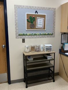 a room with a desk, shelves and pictures on the wall above it in front of a door