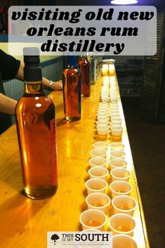 there are cups lined up on the bar with an old new orleans rum distillery