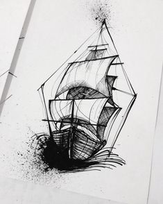 a black and white drawing of a sailboat in the water with splashes on it