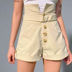 High Waist Button Shorts - Shorts Outdoor Wear Women, Fashion Office, Shorts Pants, Khaki Shorts, Business Attire, Women Pants Casual, Women's Summer Fashion, Elegant Fashion, High Waisted Shorts