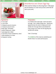 a recipe for strawberries and cream egg nog is shown in the bottom right corner