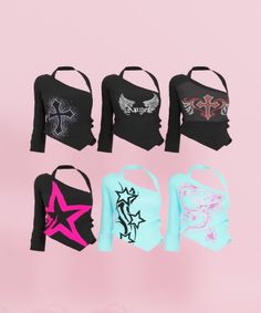 five different styles of clothing on a pink background with one black and one blue, the other white