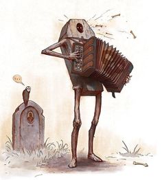 a skeleton playing an accordion next to a tombstone