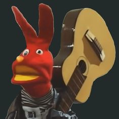 a red bird with a guitar behind it