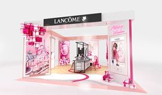 a pink and white room with an advertisement for lancome on the front wall