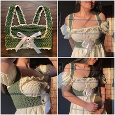 three pictures of a woman wearing a crocheted purse with bows on it's shoulder