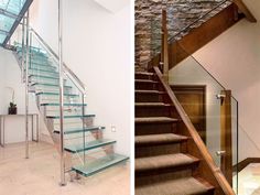 two pictures side by side one with stairs and the other with glass railings