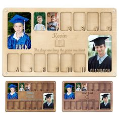 a wooden photo frame with graduation pictures on it