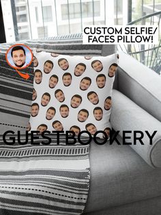 a cushion with a photo of a man's face on it and the text custom selfie faces pillow