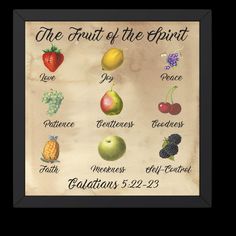 the fruit of the spirit is displayed in a black frame