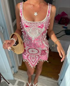 Summer Glam Outfit, Pink Summer Dress Outfit, Ibiza Dress, Ibiza Style, Ibiza Outfits, Miu Miu Bag, Ibiza Fashion, Festival Looks