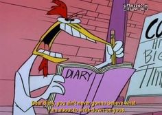 an animated cartoon character reading a book in front of a sign that says, don't